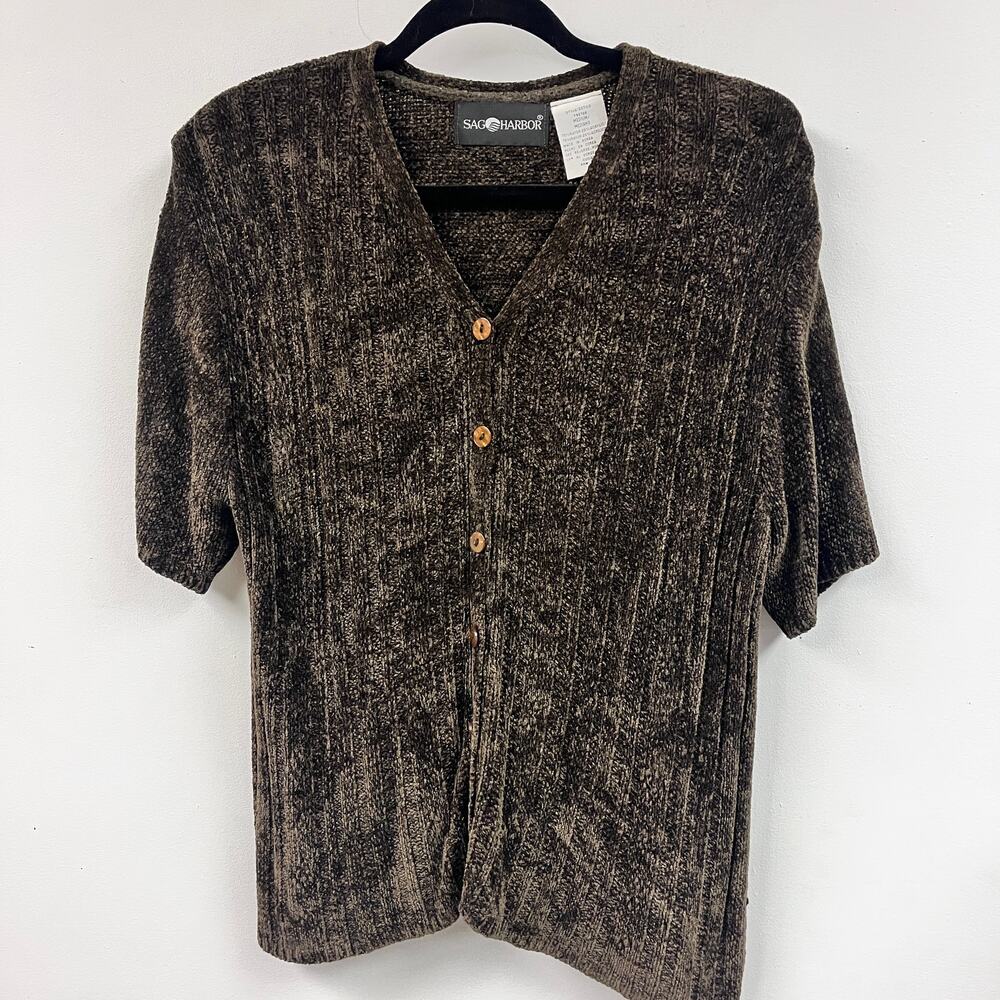 Vintage Women's Chenille short sleeve button front sweater Chocolate brown Med